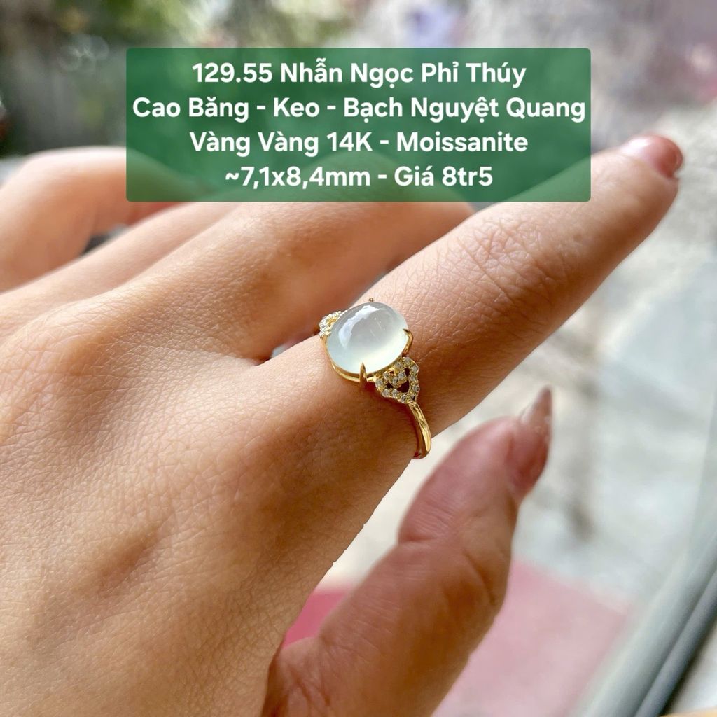 Nhẫn Ngọc Phỉ Thúy Cao Băng - Keo - Bạch Nguyệt Quang VV 14K - Moissanite ~7,1x8,4mm 129.55