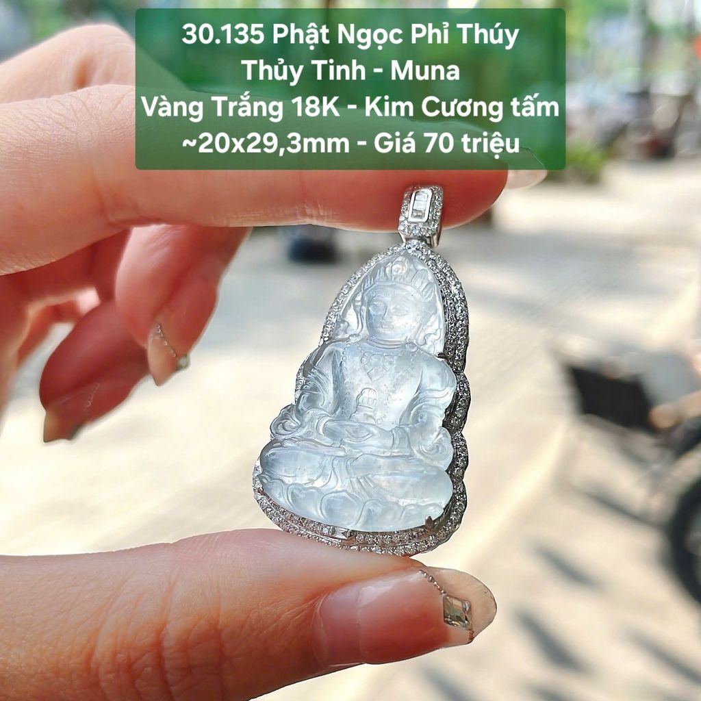 Phật Ngọc Phỉ Thúy  Thủy Tinh - Muna  Vàng Trắng 18K - Kim Cương tấm  ~20x29,3mm 30.135