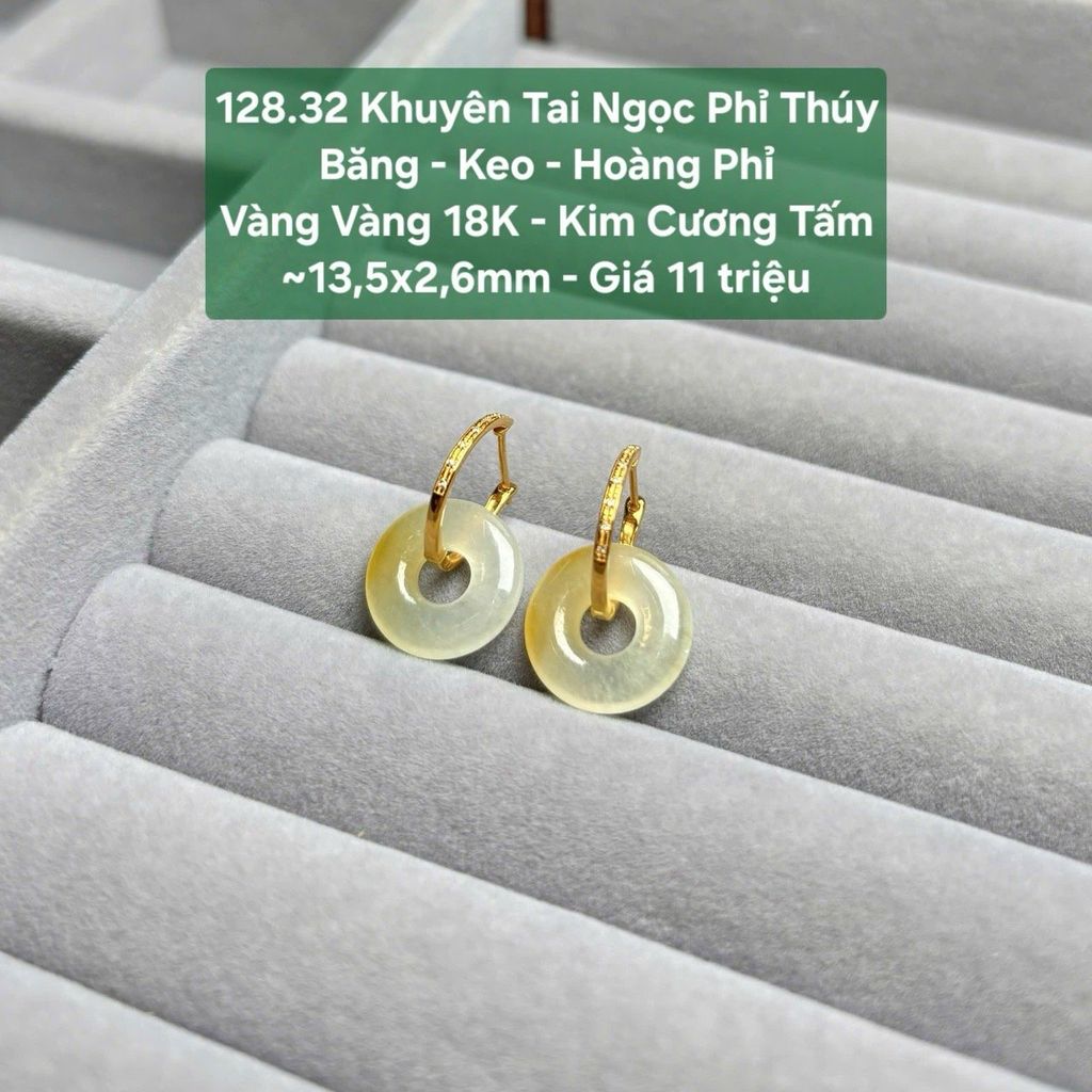 Khuyên Tai Ngọc Phỉ Thúy  Băng - Keo - Hoàng Phỉ  Vàng Vàng 18K - Kim Cương Tấm 128.32