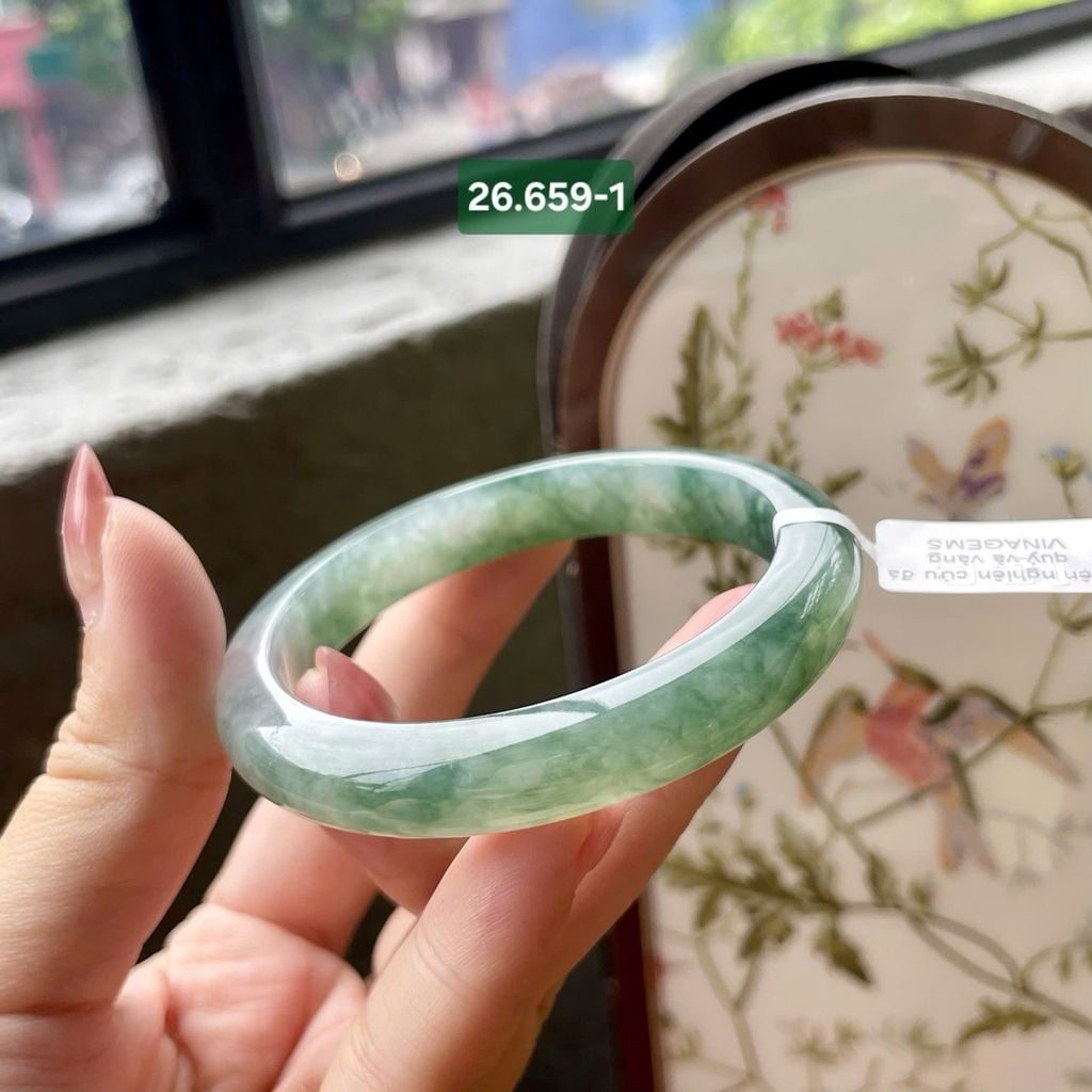 26.659* Vòng Hẹ Phỉ Thuý Jadeite A - Nếp Hoá - Nếp Băng - Hoa Bay Lục Đậm ~51,2x9,6x8mm