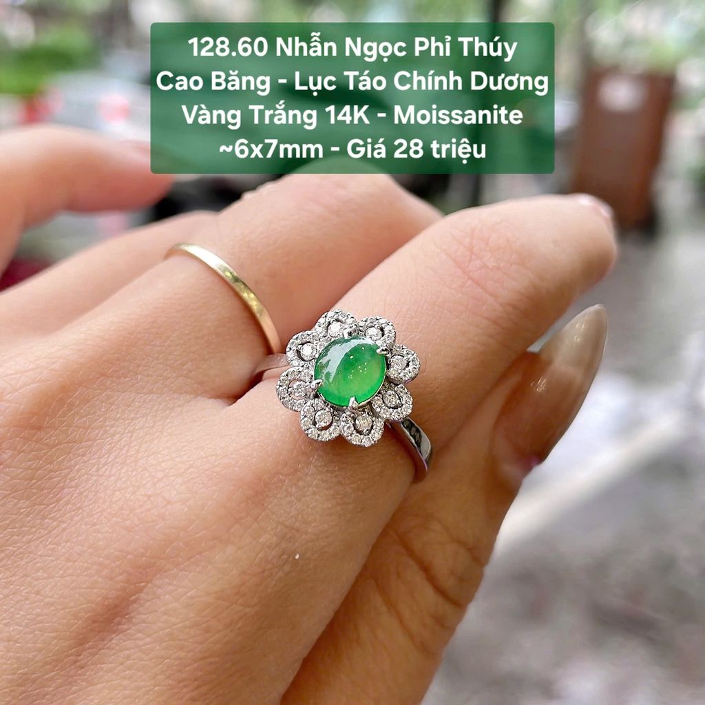 Nhẫn Ngọc Phỉ Thuý Cao Băng - Lục Táo Chính Dương VT14K - Moissanite ~6x7mm - 128.60