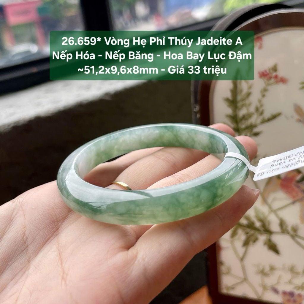 26.659* Vòng Hẹ Phỉ Thuý Jadeite A - Nếp Hoá - Nếp Băng - Hoa Bay Lục Đậm ~51,2x9,6x8mm