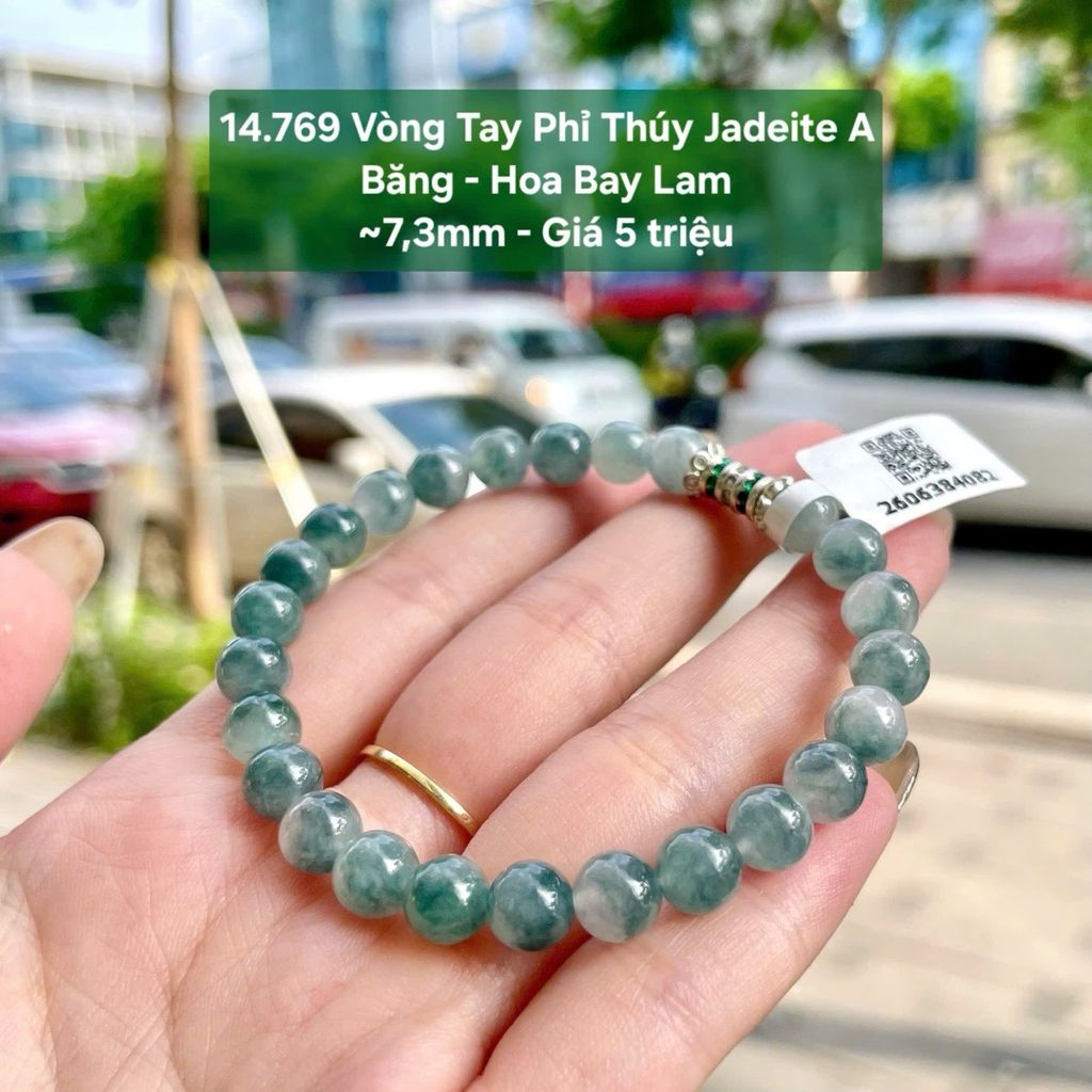 14.769 Vòng Tay Phỉ Thuý Jadeite A - Nếp Băng -  Băng - Lão - Hoa Bay ~8mm