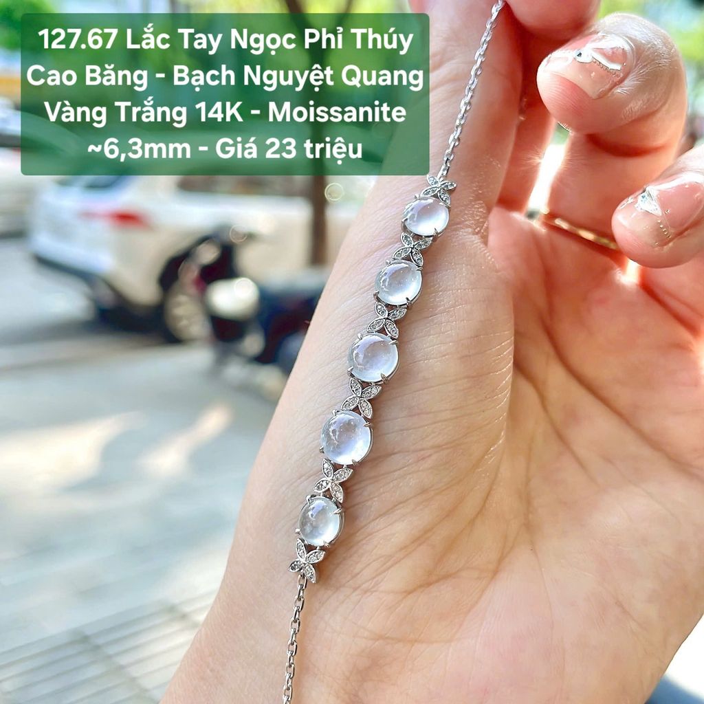 Lắc Tay Ngọc Phỉ Thúy  Cao Băng - Bạch Nguyệt Quang  VT14K - Moissanite  ~6,3mm 127.67