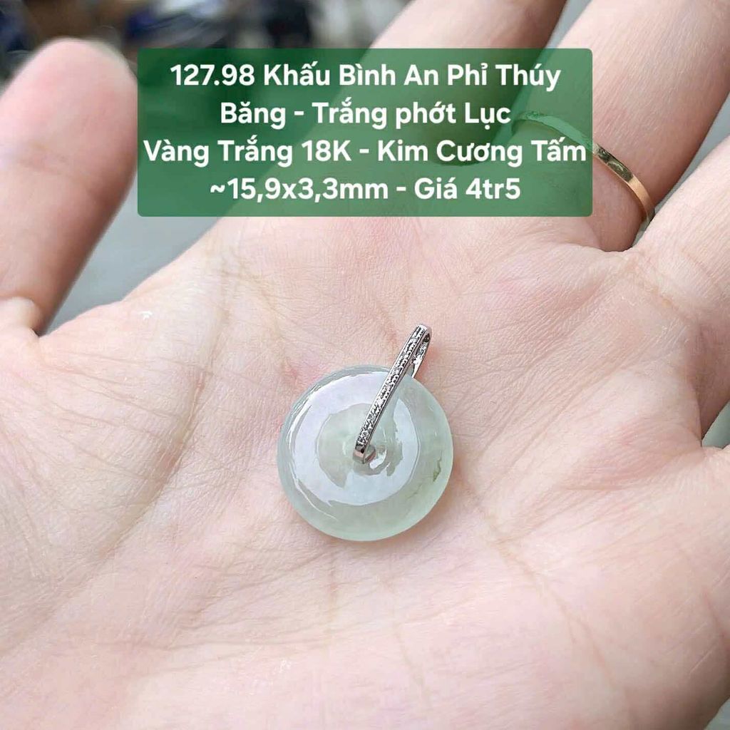 Khấu Bình An Phỉ Thuý Băng - Trắng Phớt Lục VT18K - Kim Cương Tấm ~15.9x3.3mm - 127.98