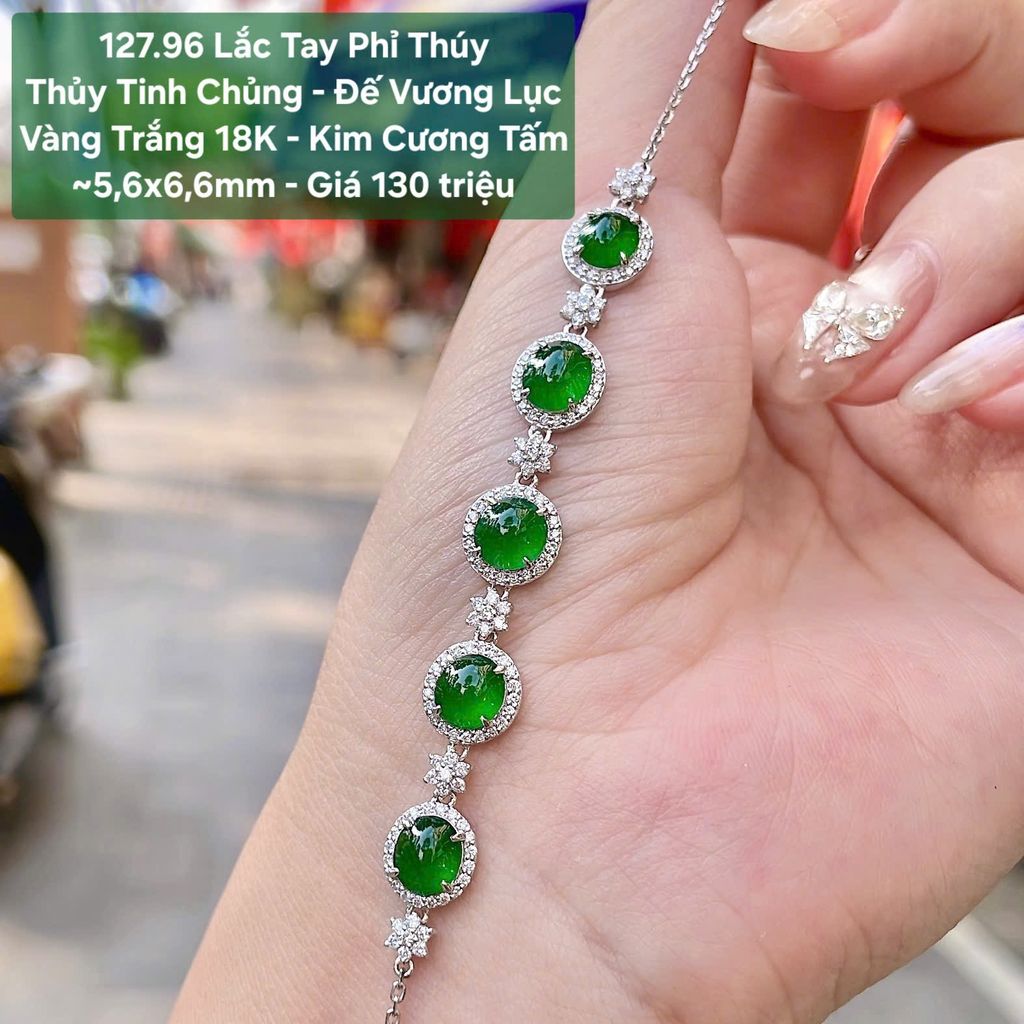Lắc Tay Phỉ Thuý Thuỷ Tinh Chủng - Đế Vương Lục VT18K - Kim Cương Tấm ~5.6x6.6mm - 127.96