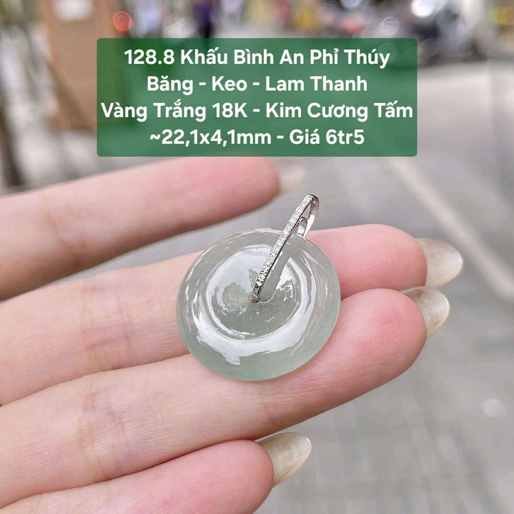 Khấu Bình An Phỉ Thuý Băng - Keo - Lam Thanh VT18K - Kim Cương tấm ~22.1x4.1mm - 128.8