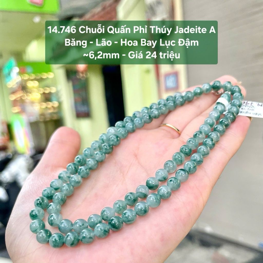 14.746 Chuỗi Quấn Phỉ Thuý Jadeite A - Băng - Lão - Hoa Bay Lục Đậm ~6,2mm
