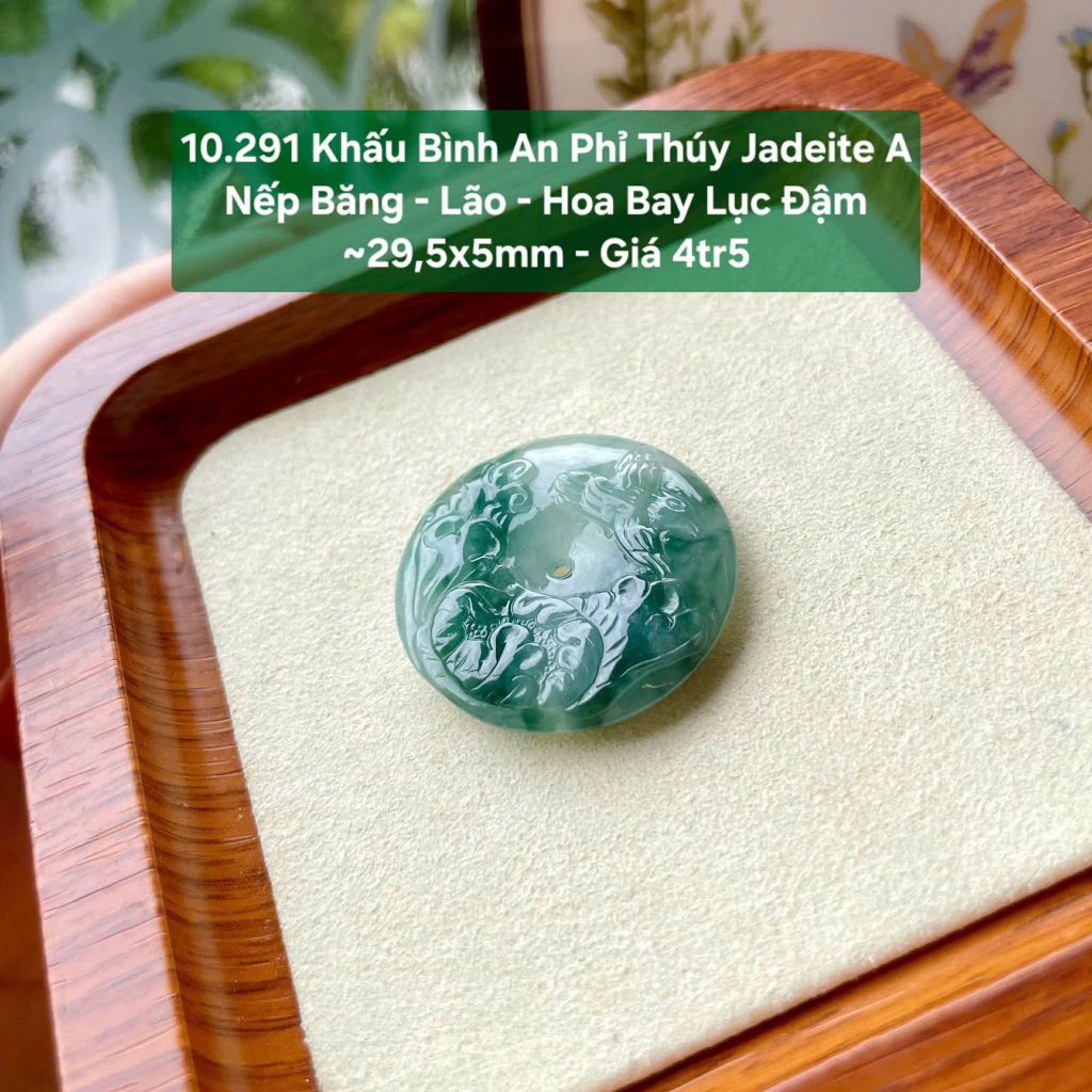 10.291 Khấu Bình An Phỉ Thuý Jadeite A - Nếp Băng - Lão - Hoa Bay Lục Đậm ~29,5x5mm