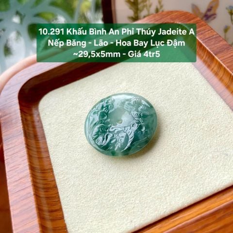 10.291 Khấu Bình An Phỉ Thuý Jadeite A - Nếp Băng - Lão - Hoa Bay Lục Đậm ~29,5x5mm