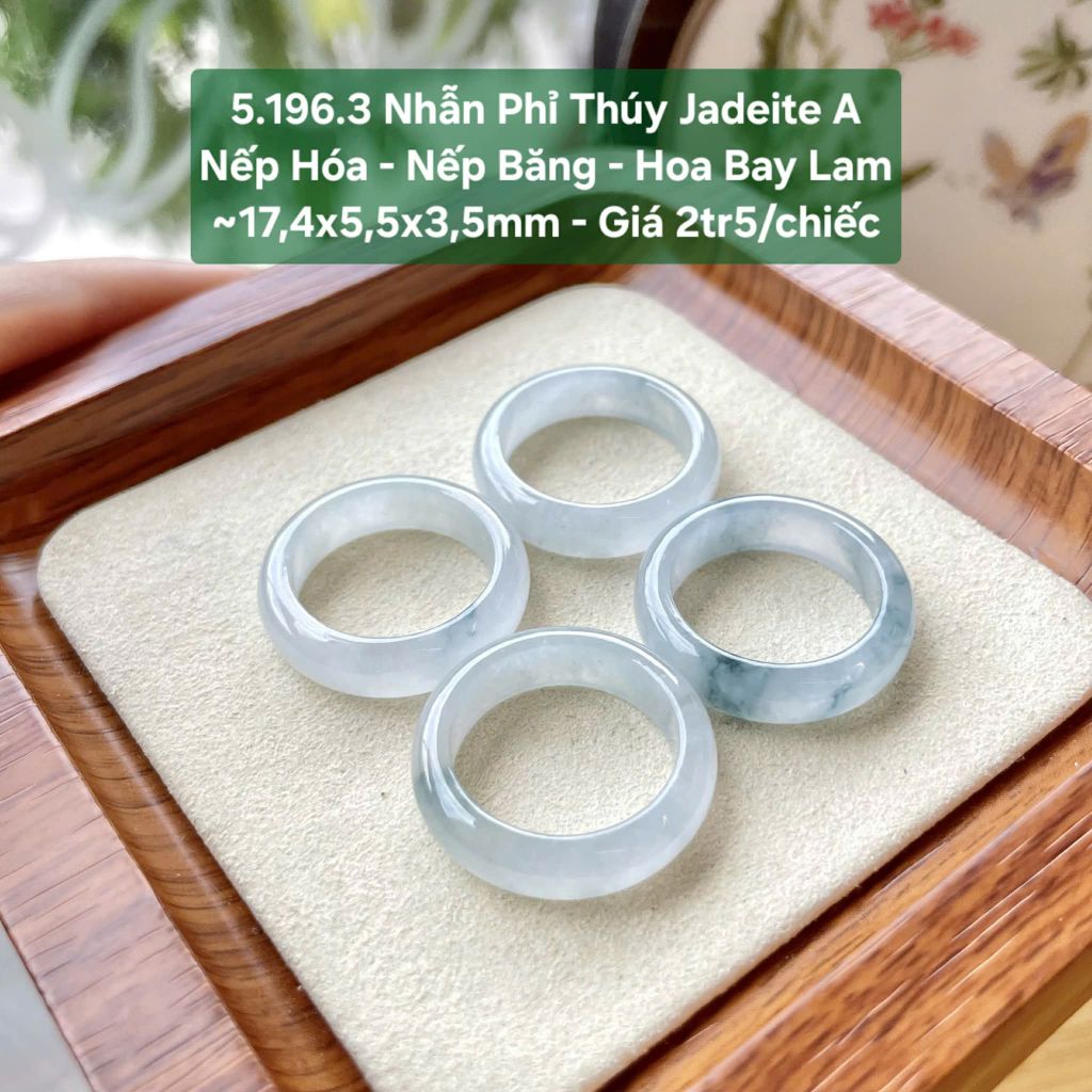 5.196.3 Nhẫn Phỉ Thuý Jadeite A - Nếp Hoá - Nếp Băng - Hoa Bay Lam ~17,4x5,5x3,5mm