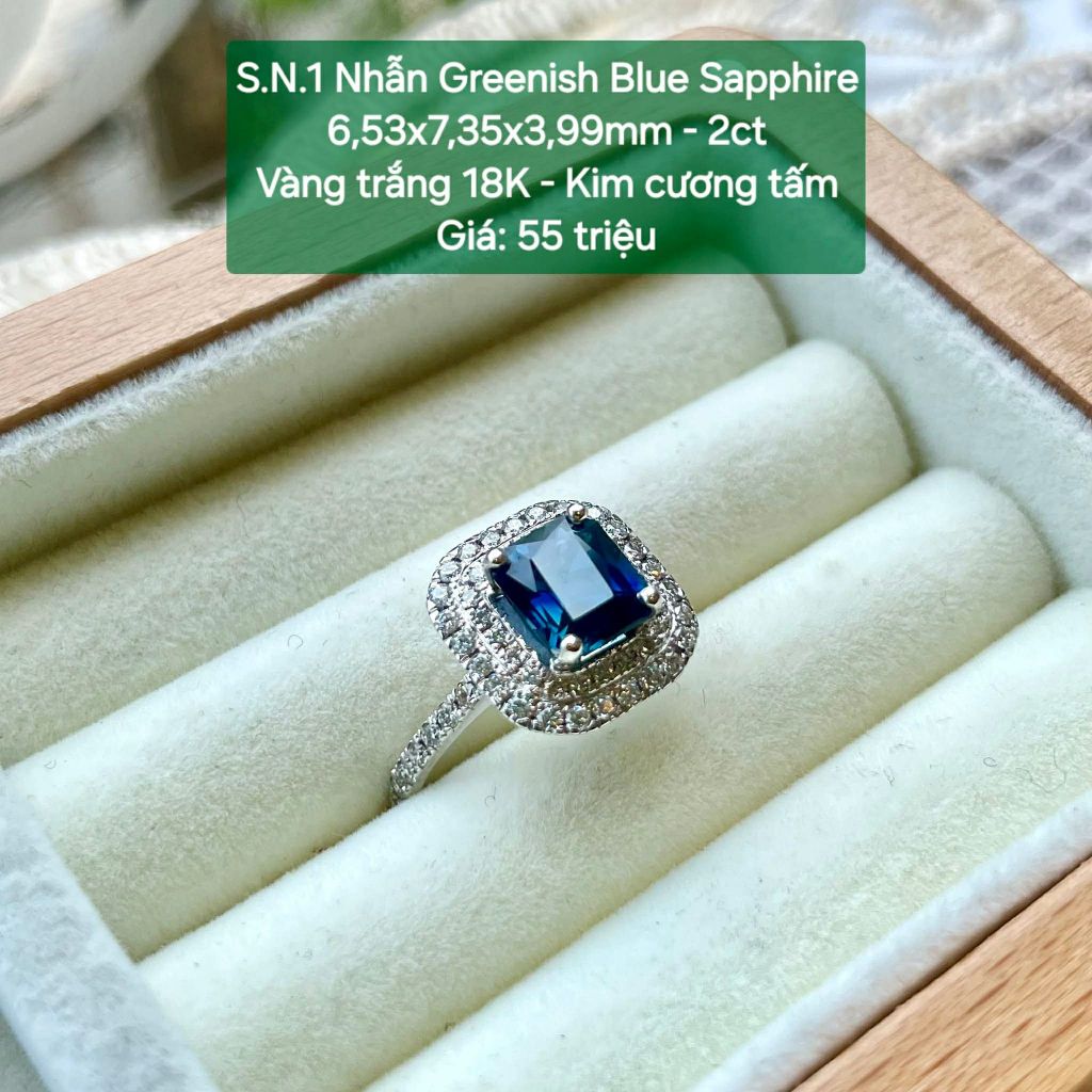 S.N.1 Nhẫn Greenish Blue Sapphire 6,53x7,35x3,99mm - 2ct VT18K - KC Tấm
