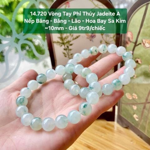 14.720 Vòng Tay Phỉ Thuý Jadeite A - Nếp Băng - Băng - Lão - Hoa Bay Sa Kim ~10mm