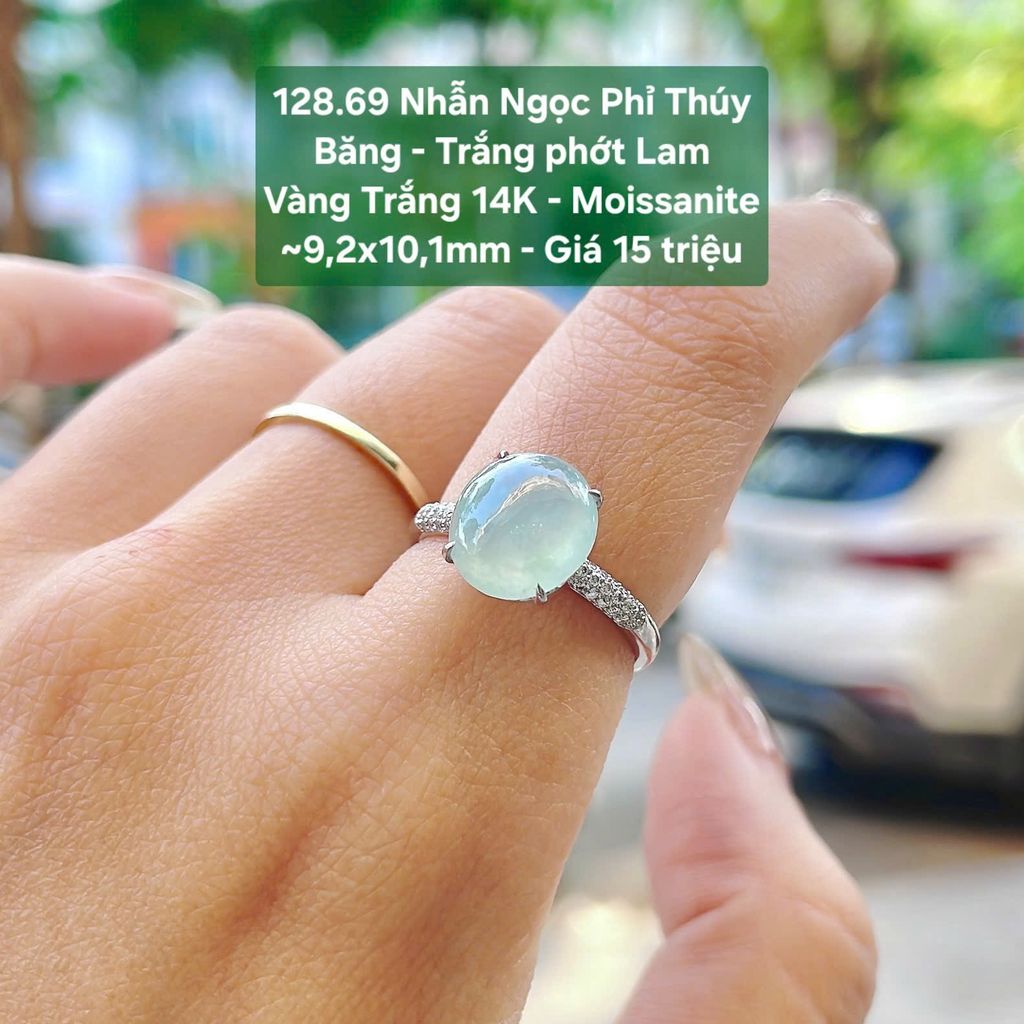 Nhẫn Ngọc Phỉ Thúy  Băng - Trắng phớt Lam  Vàng Trắng 14K - Moissanite  ~9,2x10,1mm 128.69