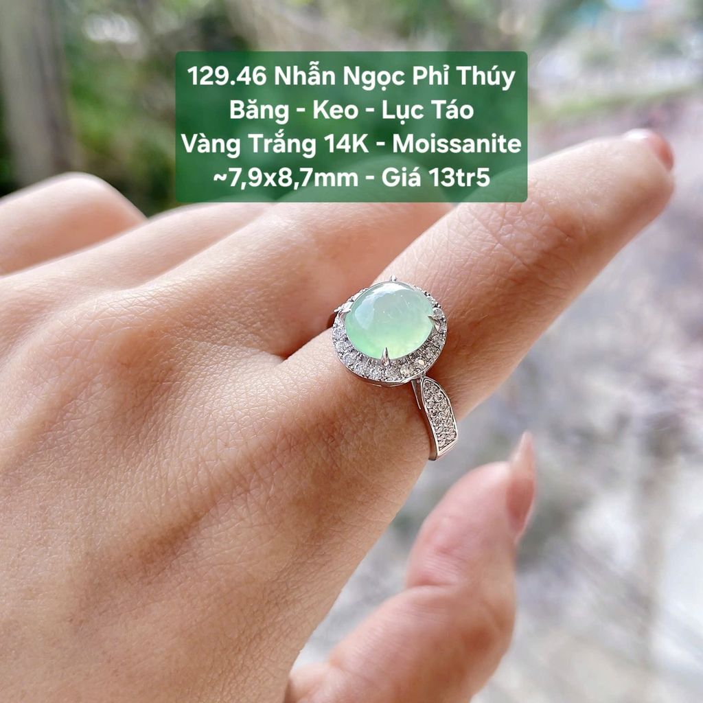 Nhẫn Ngọc Phỉ Thúy Băng - Keo - Lục Táo VT 14K - Moissanite ~7,9x8,7mm 129.46