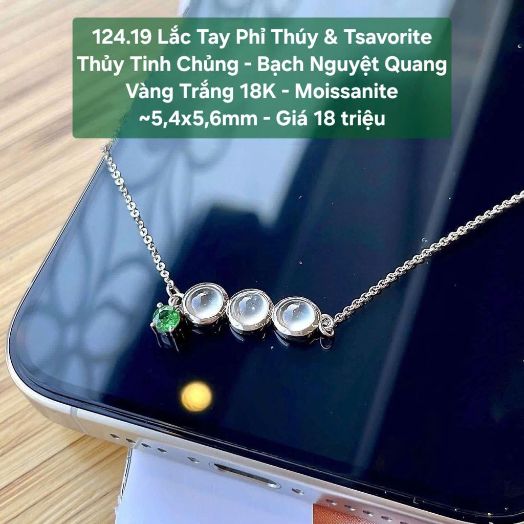 Lắc Tay Phỉ Thúy & Tsavorite Thủy Tinh Chủng Bạch Nguyệt Quang - VT18K - Moissanite ~5,4x5,6mm 124.19