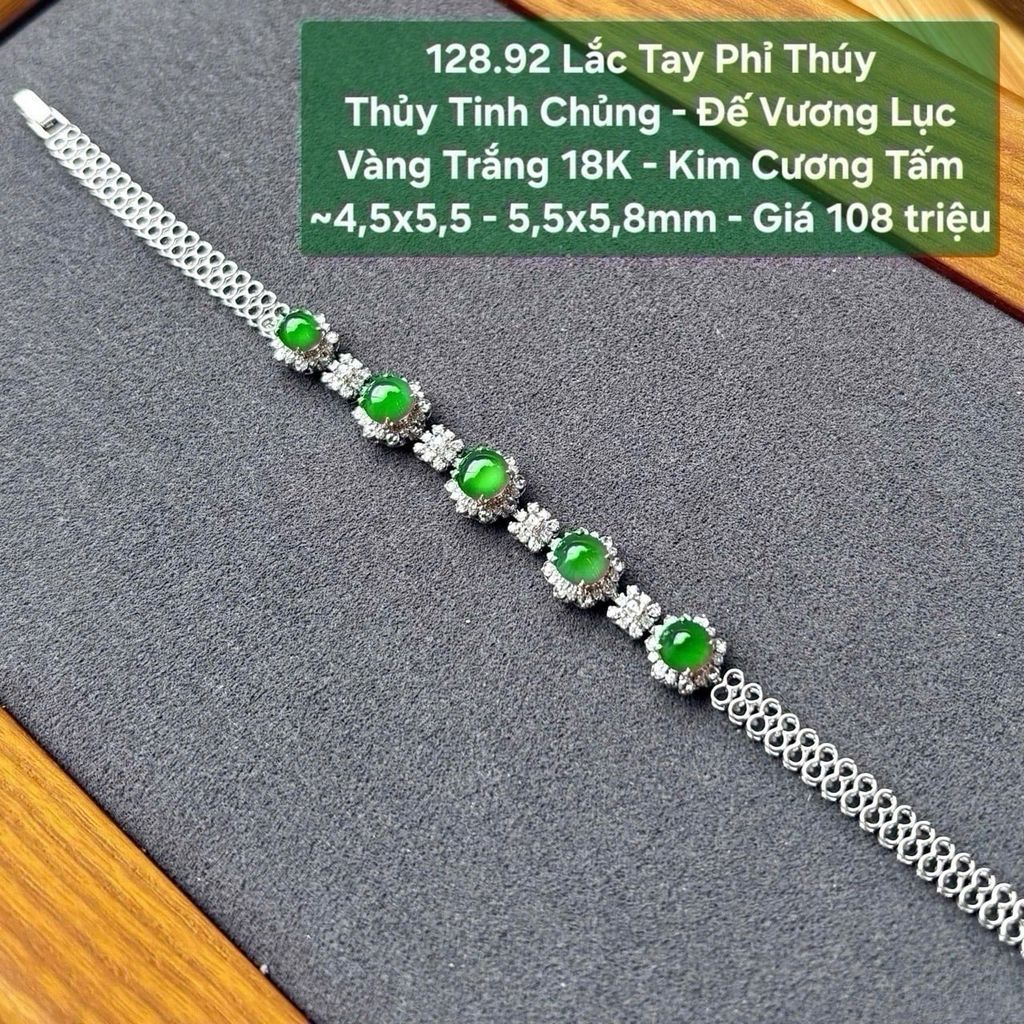 Lắc Tay Phỉ Thúy  Thủy Tinh Chủng - Đế Vương Lục  VT 18K - Kim Cương Tấm  ~4,5x5,5 - 5,5x5,8mm