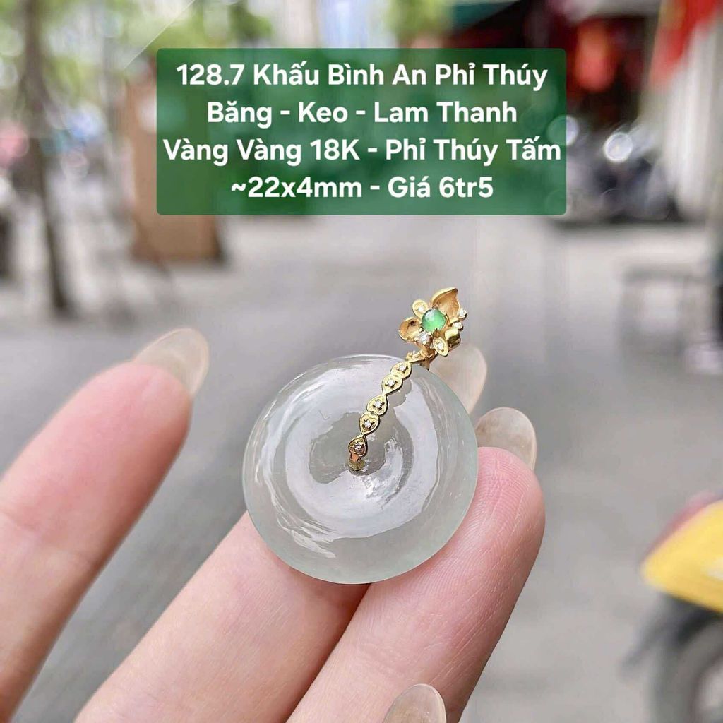 Khấu Bình An Phỉ Thuý Băng - Keo - Lam Thanh VV18K - Phỉ Thuý tấm ~22x4mm - 128.7
