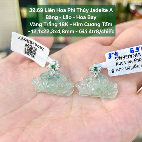 39.69 Liên Hoa Phỉ Thúy Jadeite A Băng - Lão - Hoa Bay VT 18K - KC Tấm ~12,1x22,3x4,8mm