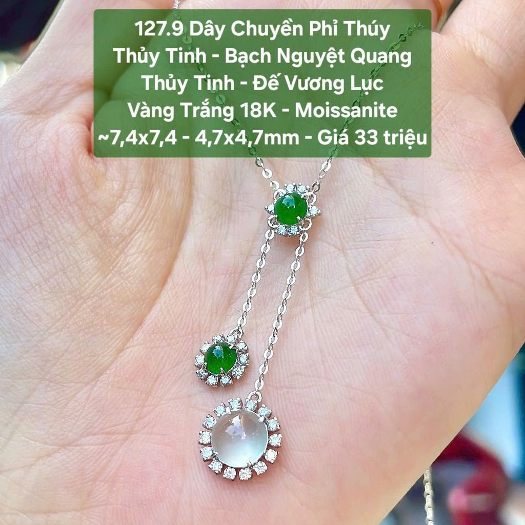 Dây Chuyền Phỉ Thúy  Thủy Tinh - Bạch Nguyệt Quang  Thủy Tinh - Đế Vương Lục  Vàng Trắng 18K - Moissanite  ~7,4x7,4 - 4,7x4,7mm 127.9