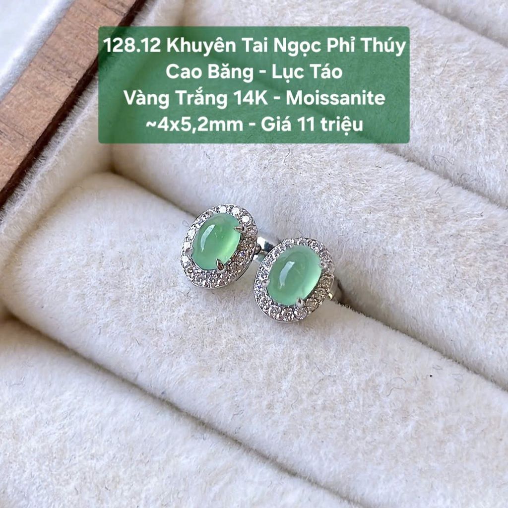 Khuyên Tai Ngọc Phỉ Thúy Cao Băng - Lục Táo Vàng Trắng 14K - Moissanite ~4x5,2mm 128.12