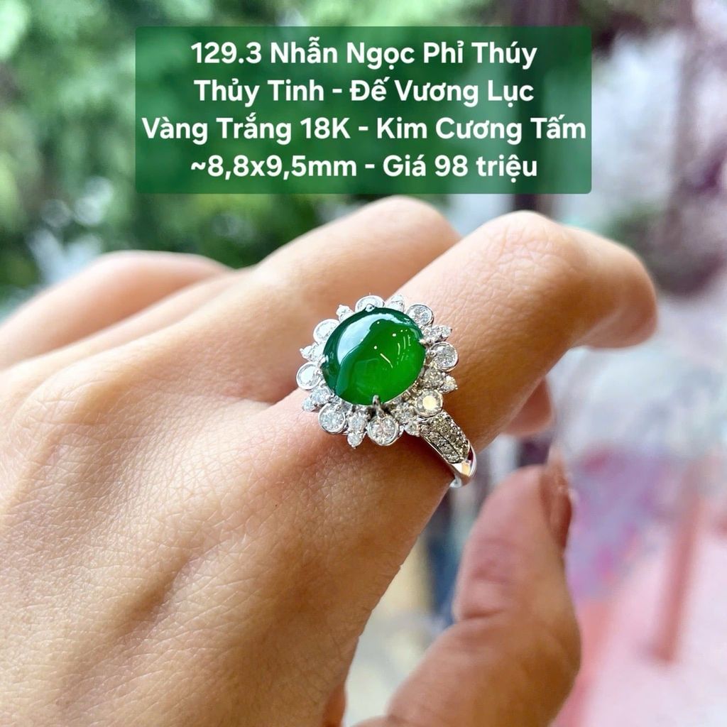Nhẫn Ngọc Phỉ Thúy  Thủy Tinh - Đế Vương Lục  VT 18K - Kim Cương Tấm  ~8,8x9,5mm 129.3