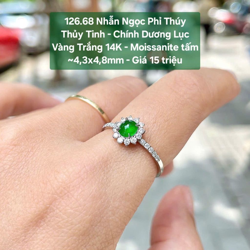 Nhẫn Ngọc Phỉ Thúy  Thủy Tinh - Chính Dương Lục  Vàng Trắng 14K - Moissanite tấm  ~4,3x4,8mm 126.68