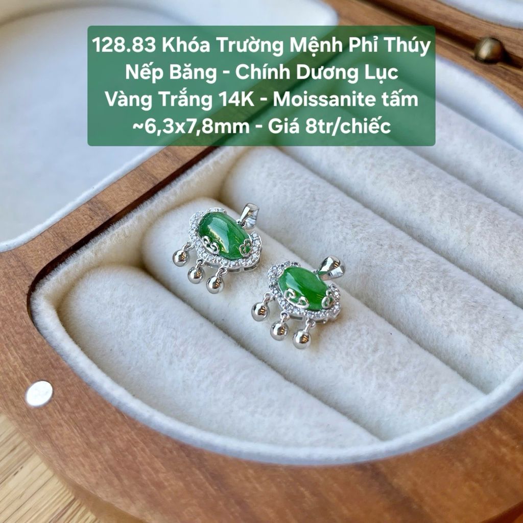Khoá Trường Mệnh Phỉ Thuý Nếp Băng - Chính Dương Lục VT14K - Moissanite Tấm ~6.3x7.8mm - 128.83
