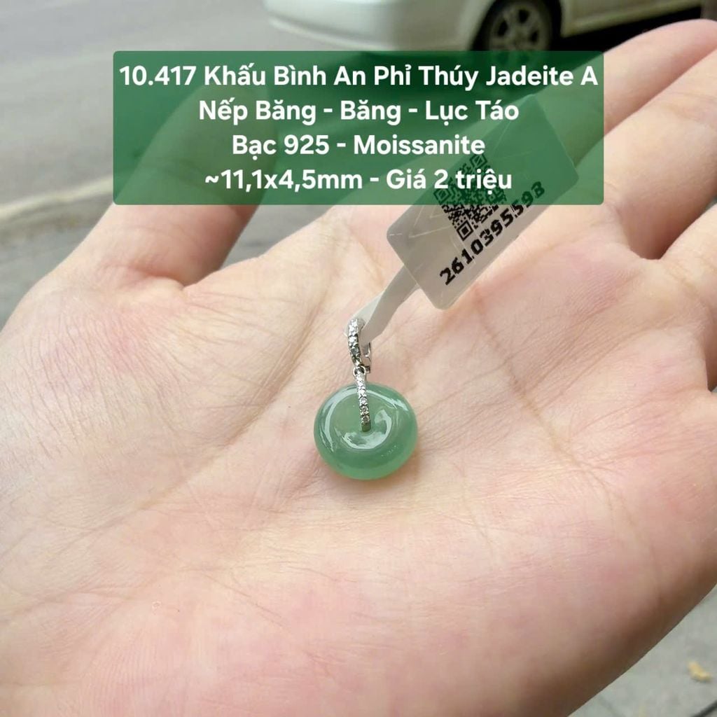 10.417 Khấu Bình An Phỉ Thuý Jadeite A - Nếp Băng - Băng -  Lục Táo - Bạc 925 -  Moissanite ~ 11,1x4,5mm