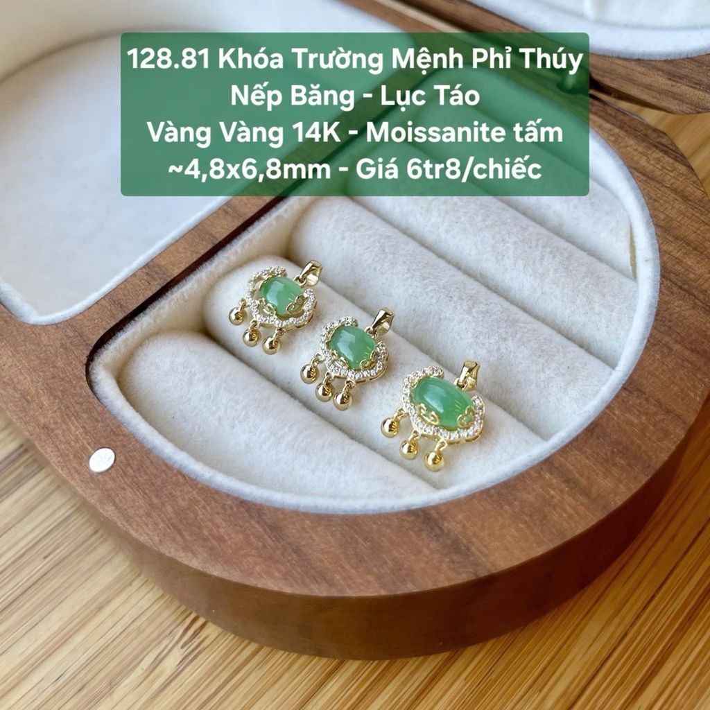 Khóa Trường Mệnh Phỉ Thúy Nếp Băng - Lục Táo Vàng Vàng 14K - Moissanite tấm ~4,8x6,8mm 128.81
