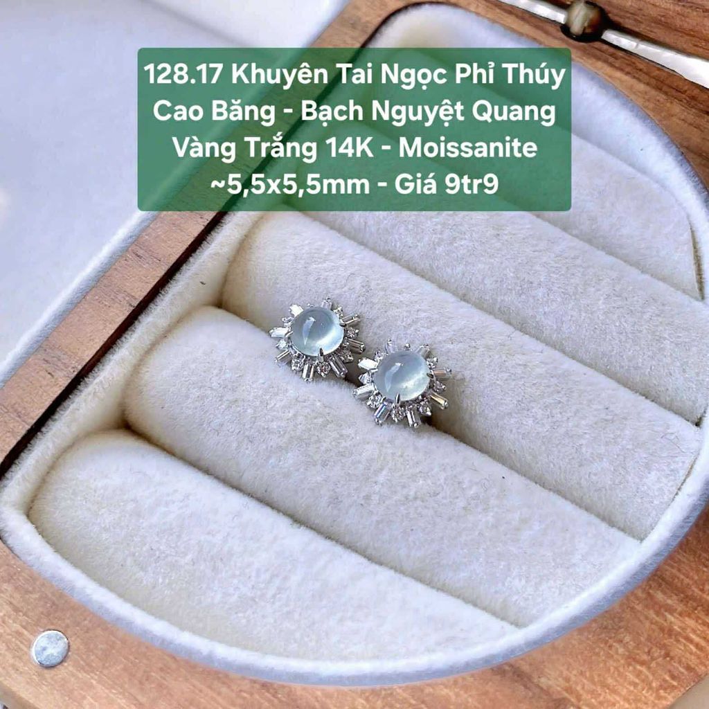 Khuyên Tai Ngọc Phỉ Thuý Cao Băng - Bạch Nguyệt Quang VT14K - Moissanite ~5.5x5.5mm - 128.17