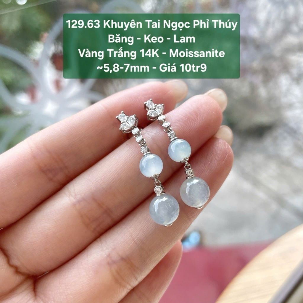 Khuyên Tai Ngọc Phỉ Thúy Băng - Keo - Lam VT 14K - Moissanite ~5,8-7mm 129.63