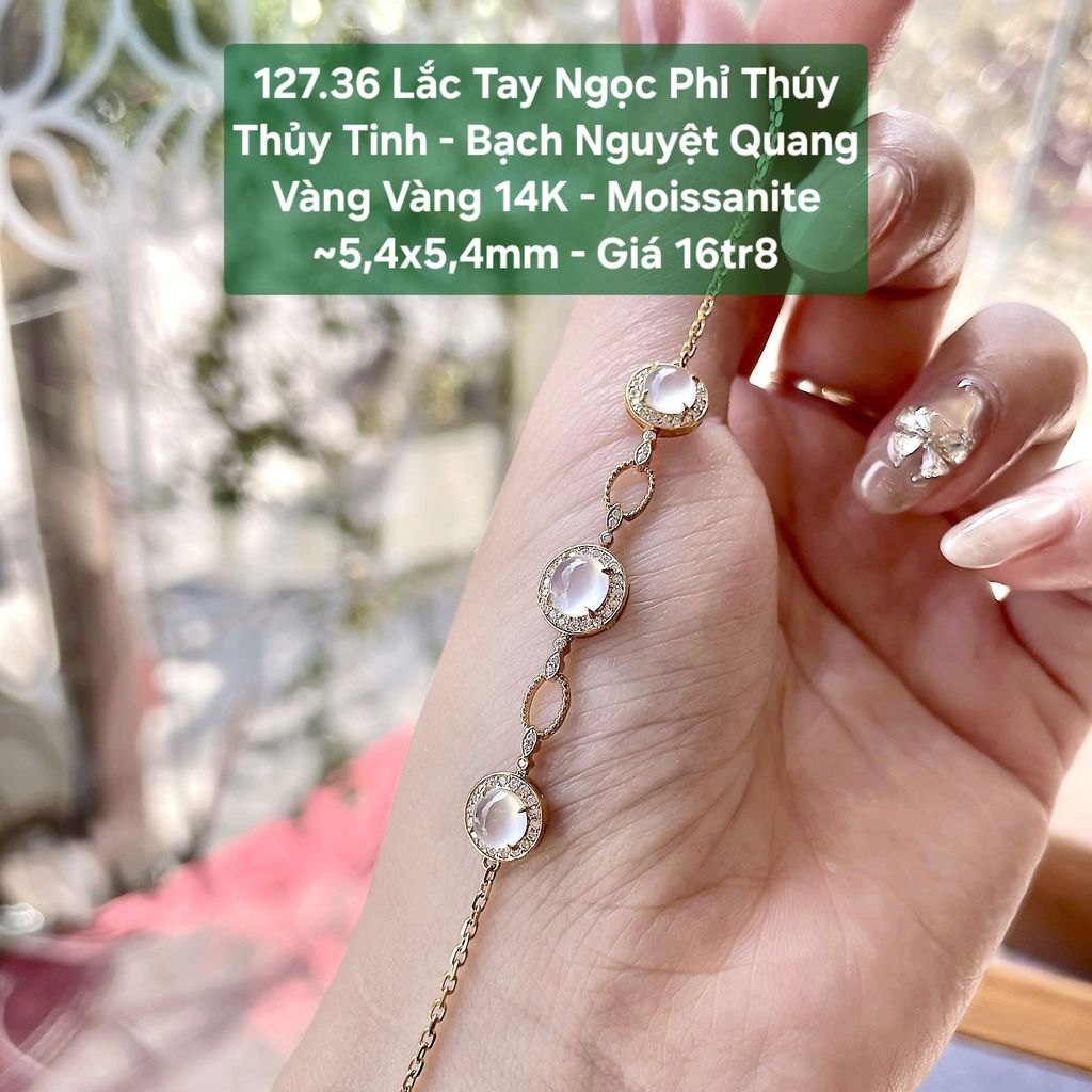 Lắc Tay Ngọc Phỉ Thúy Thủy Tinh - Bạch Nguyệt Quang Vàng Vàng 14K - Moissanite ~5,4x5,4mm 127.36