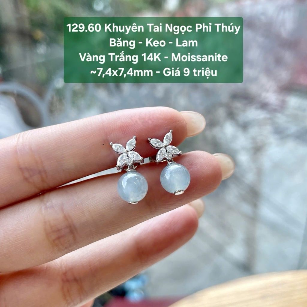 Khuyên Tai Ngọc Phỉ Thúy Băng - Keo - Lam VT 14K - Moissanite ~7,4x7,4mm 129.60