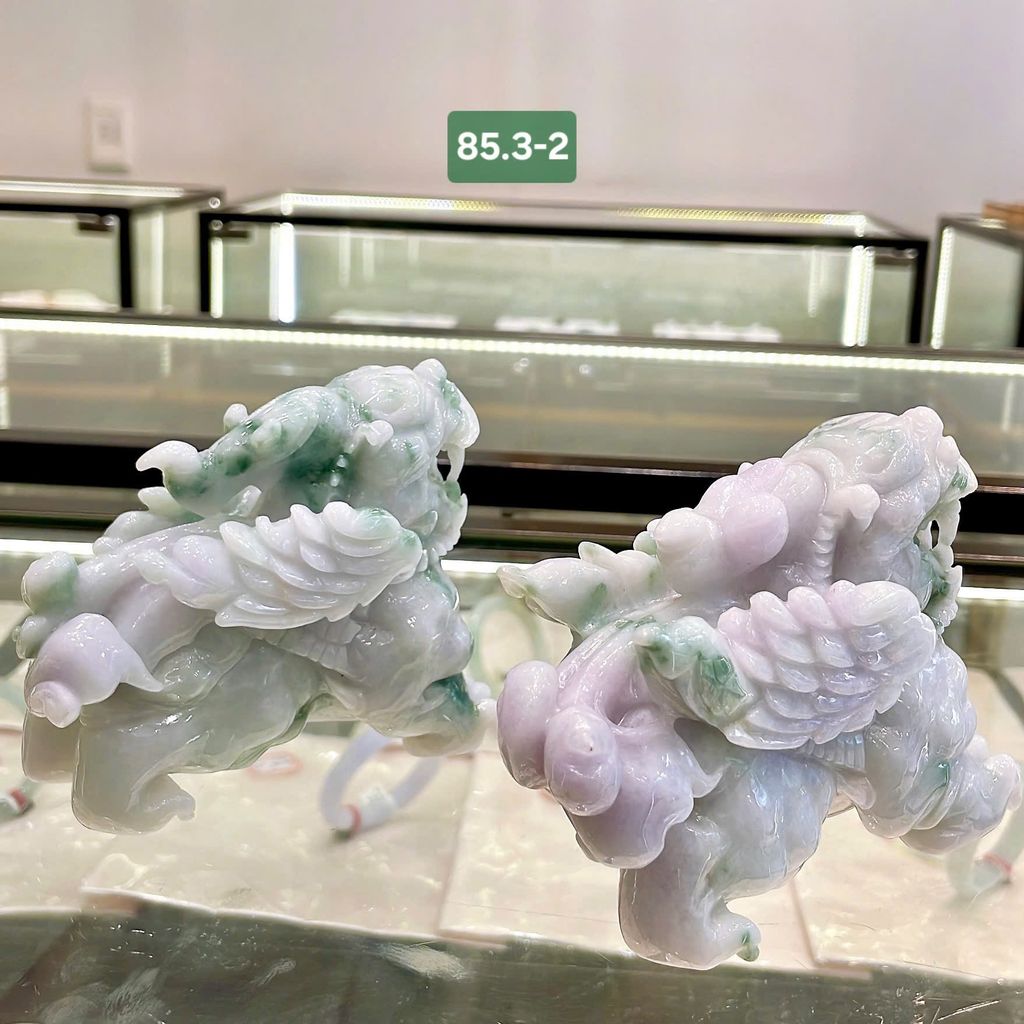 85.3 Cặp Tỳ Hưu Cẩm Thạch Jadeite A Nếp - Nếp Mịn - Xuân Đới Thái ~5,6x10,5x8cm/bức (chưa tính đế)