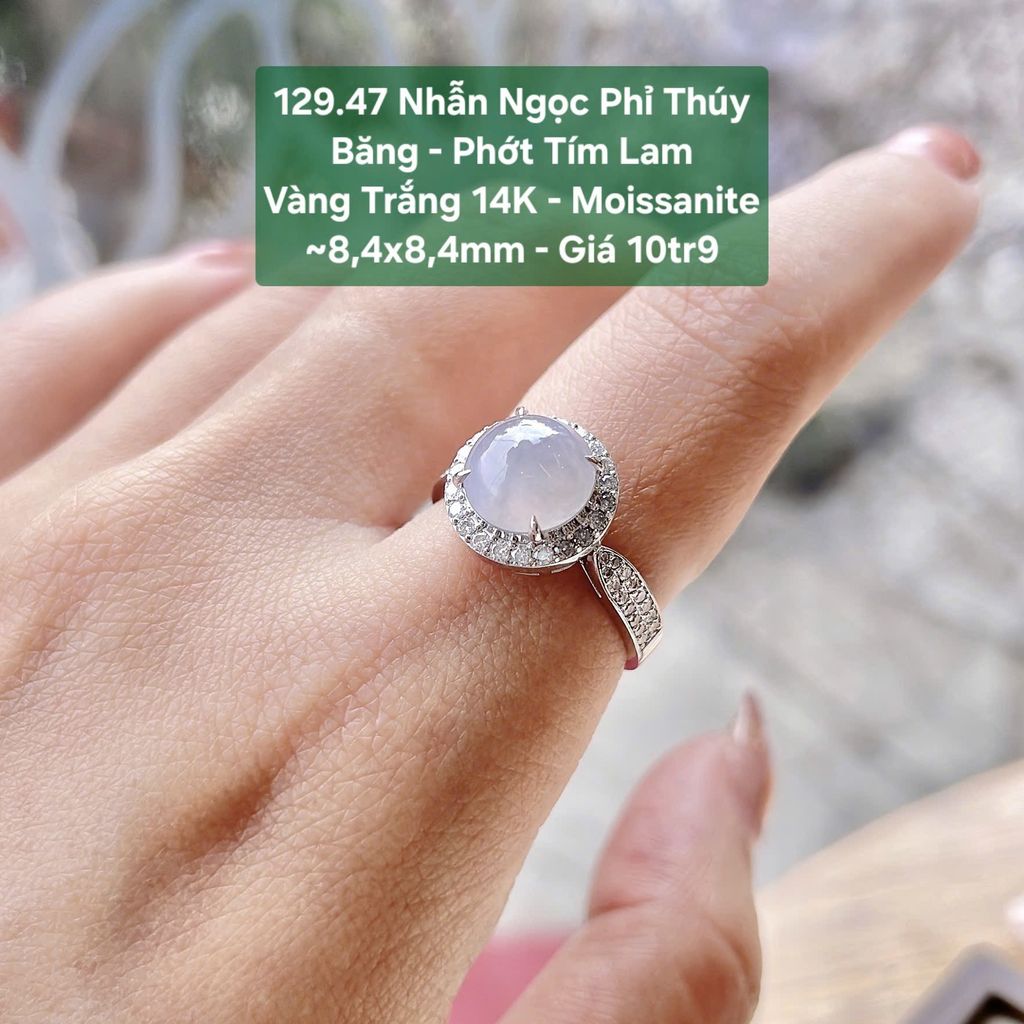 Nhẫn Ngọc Phỉ Thúy Băng - Phớt Tím Lam VT 14K - Moissanite ~8,4x8,4mm 129.47