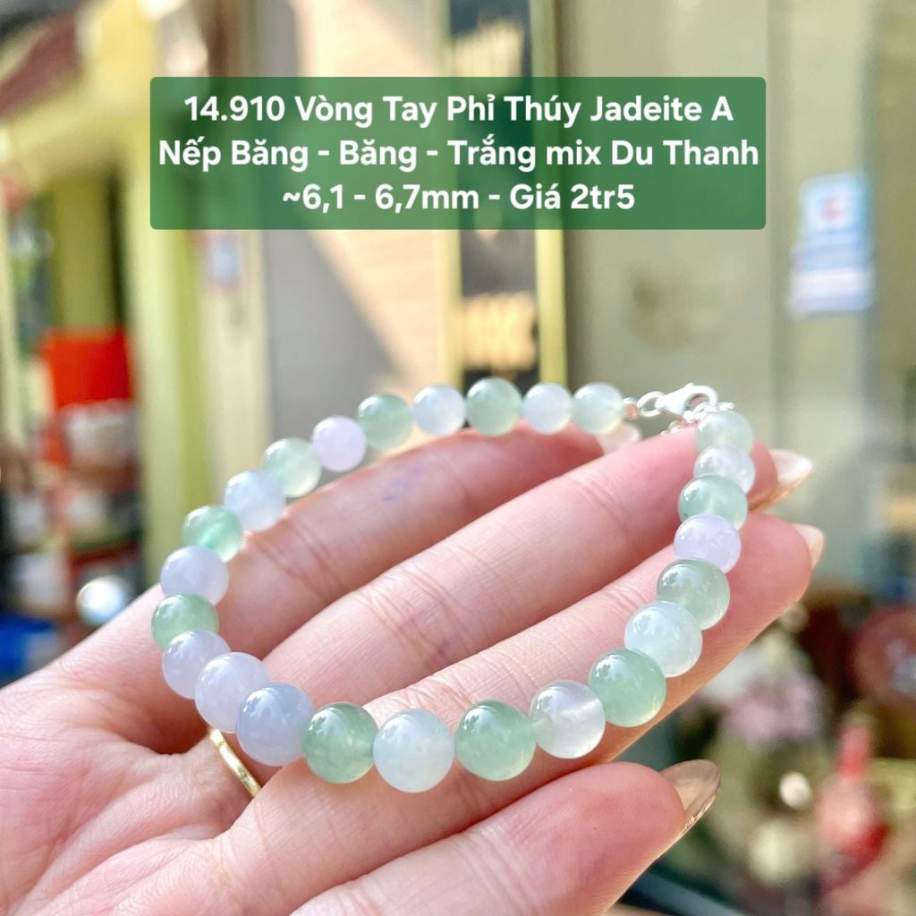 14.910 Vòng Tay Phỉ Thuý Jadeite A - Nếp Băng -  Băng - Trắng Mix Du Thanh ~6,1 - 6,7mm