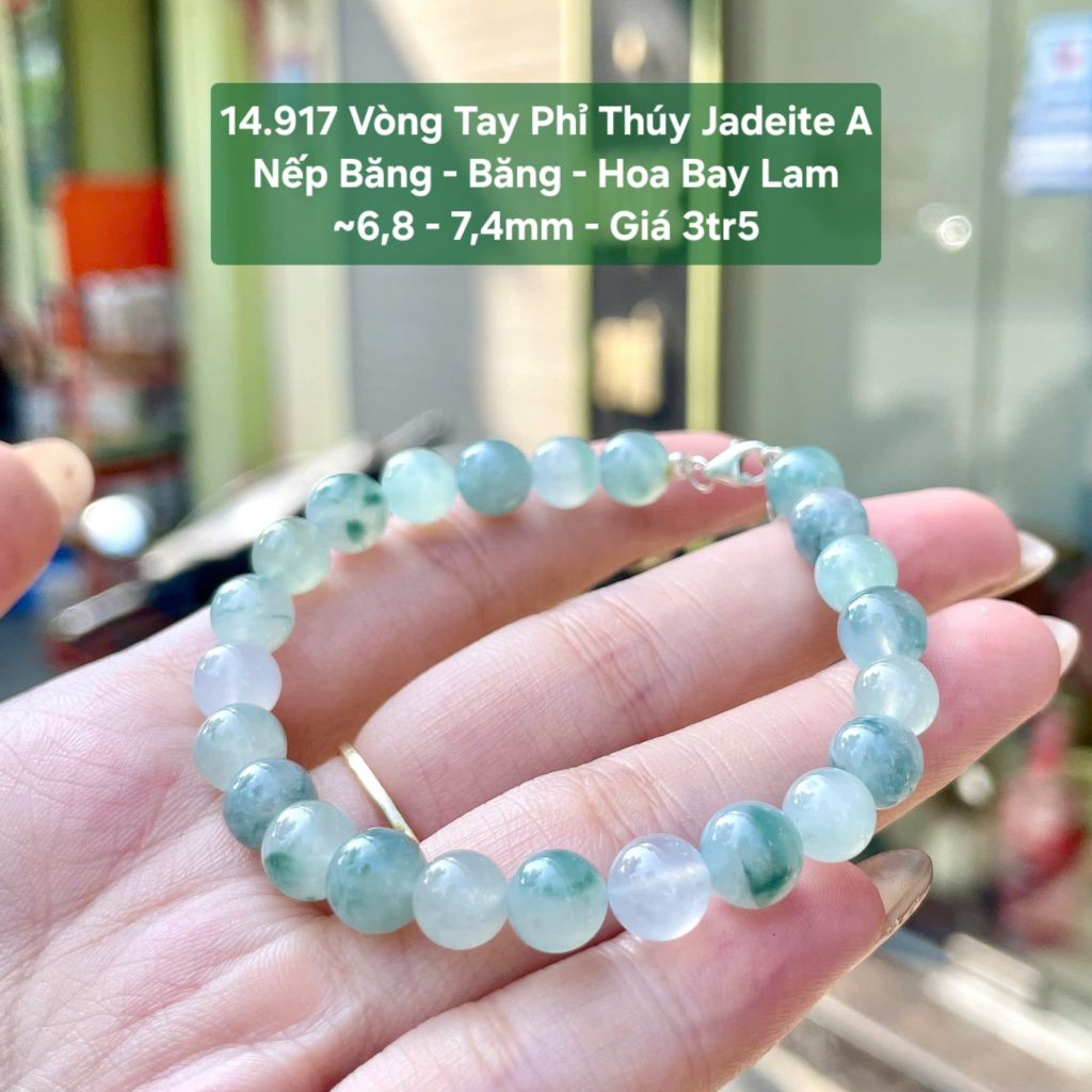 14.917 Vòng Tay Phỉ Thuý Jadeite A - Nếp Băng - Băng - Hoa Bay Lam ~6,8 - 7,4mm
