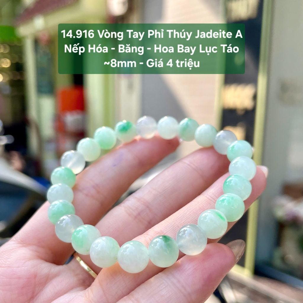 14.916 Vòng Tay Phỉ Thuý Jadeite A - Nếp Băng - Băng - Hoa Bay Lục Táo ~8mm