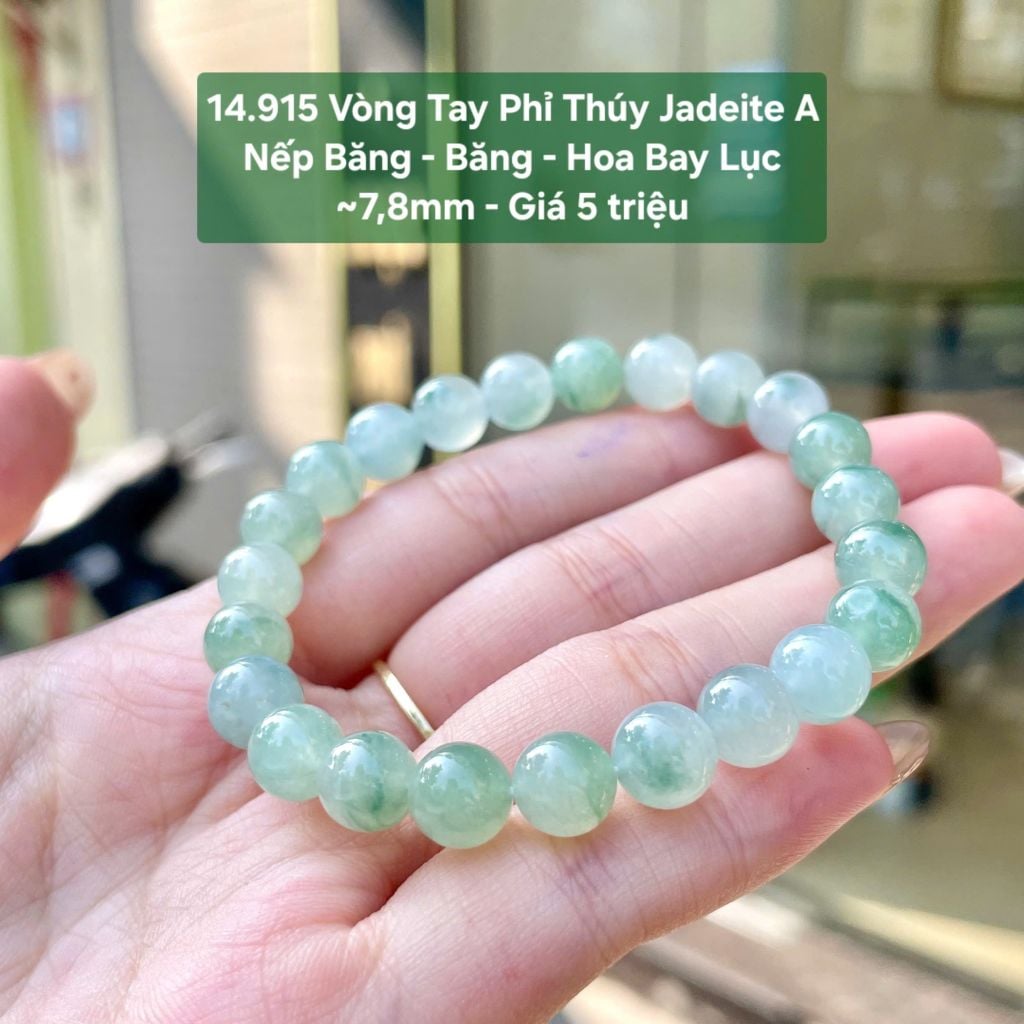 14.915 Vòng Tay Phỉ Thuý Jadeite A - Nếp Băng - Băng - Hoa Bay Lục ~7,8mm