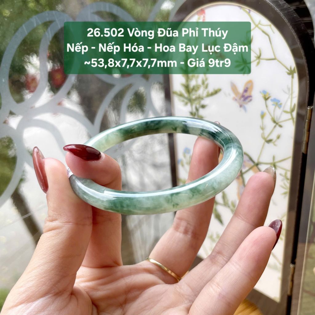 Vòng Đũa Phỉ Thúy Nếp - Nếp Hóa - Hoa Bay Lục Đậm ~53,8x7,7 x7,7mm 26.502