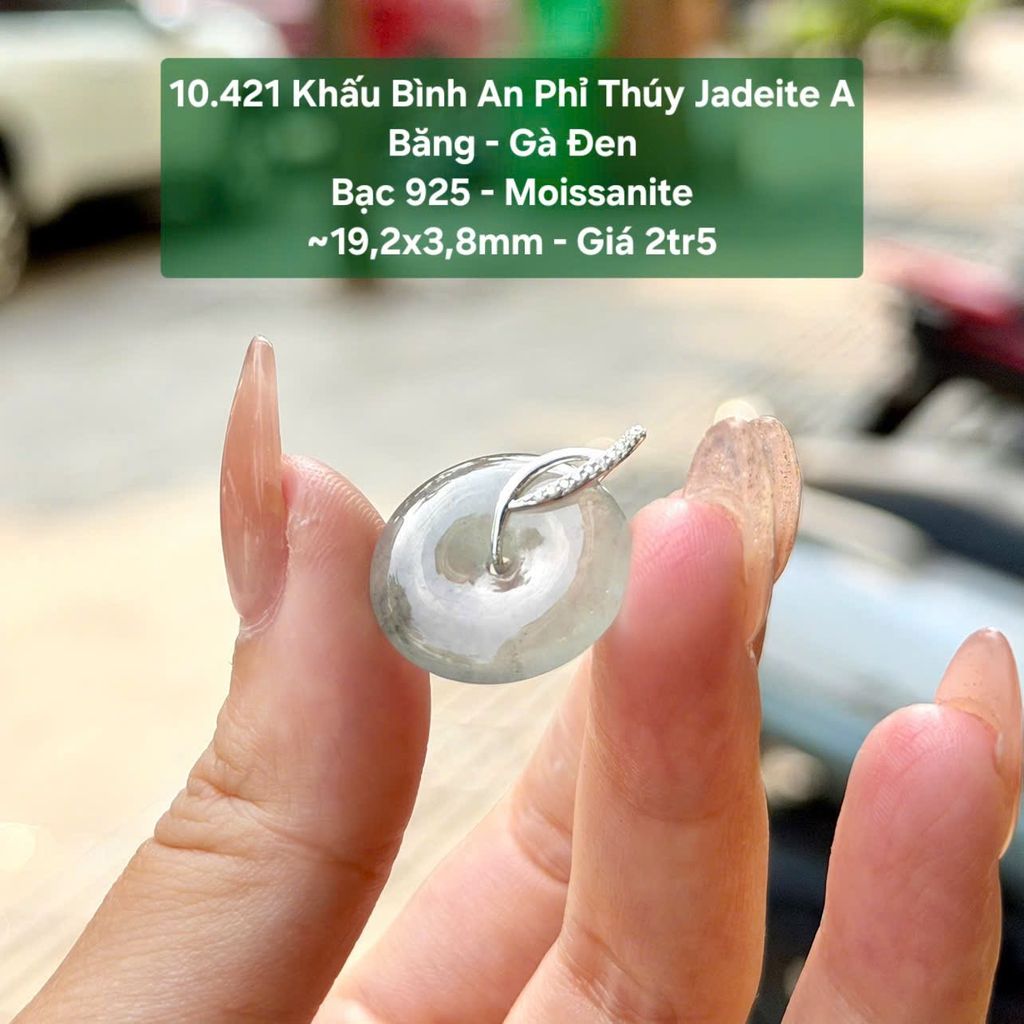10.421 Khấu Bình An  Phỉ Thuý Jadeite A - Băng -  Gà Đen - Bạc 925 - Moissanite ~ 19,2x3,8mm
