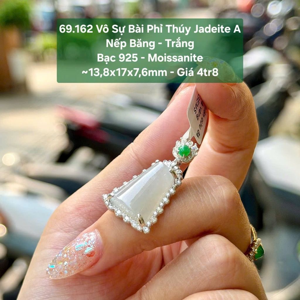 69.162 Vô Sự Bài Phỉ Thuý Jadeite A Nếp Băng -  Trắng - Bạc 925 - Moissanite ~ 13,8x17x7,6mm