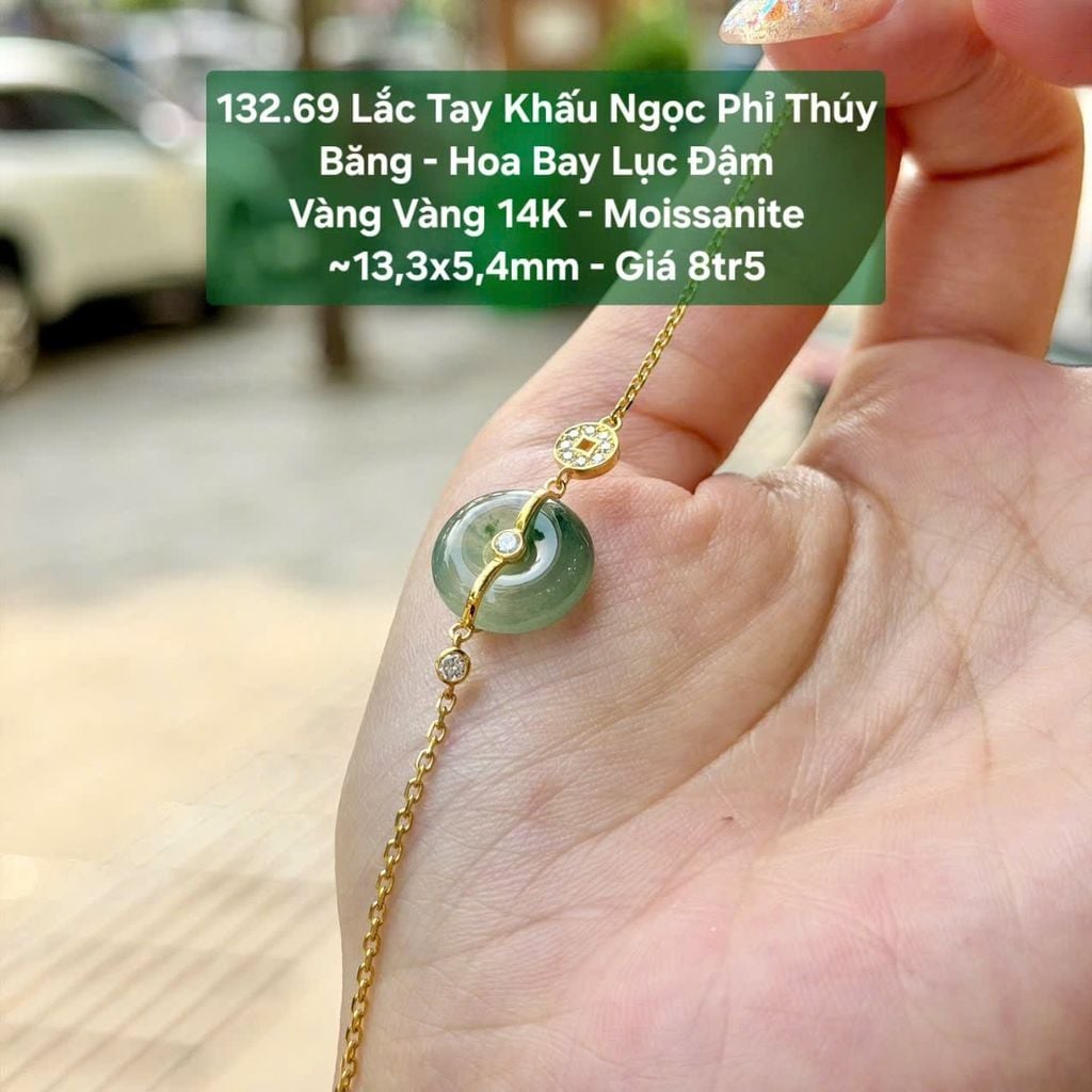132.69 Lắc Tay Khấu Ngọc Phỉ Thuý Jadeite A - Băng - Hoa Bay Lục Đậm - VV14K - Moissanite ~ 13,3x5,4mm