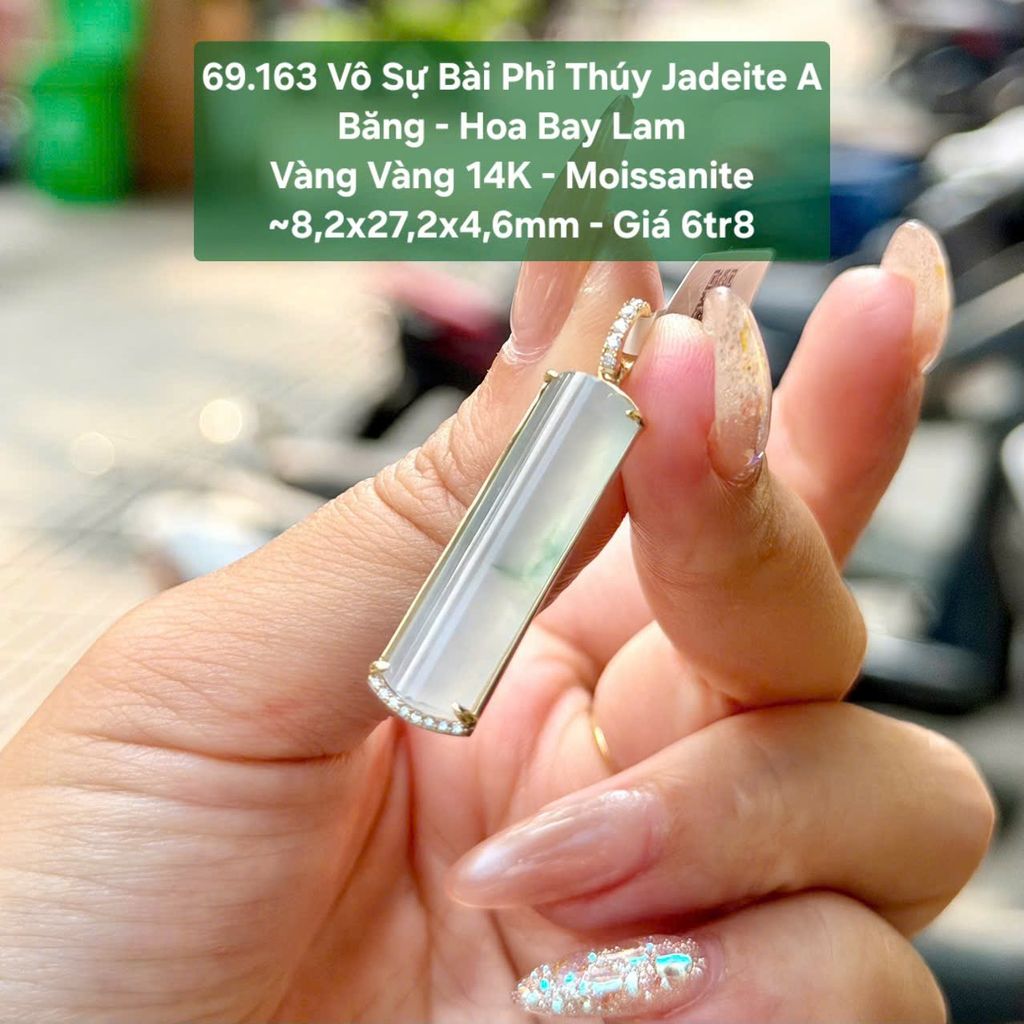 69.163 Vô Sự Bài Phỉ Thuý Jadeite A Băng - Hoa Bay Lam ~ VV14K - Moissanite ~ 8,2x27,2x 4,6mm