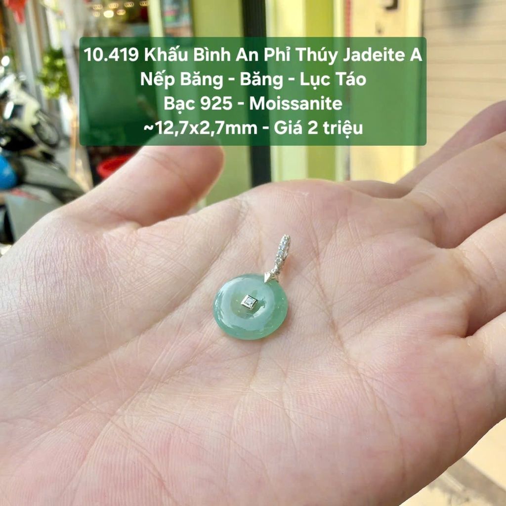 10.419 Khấu Bình An Phỉ Thuý Jadeite A - Nếp Băng - Băng - Lục Táo - Bạc 925 ~ Moissanite ~ 12,7x2,7mm