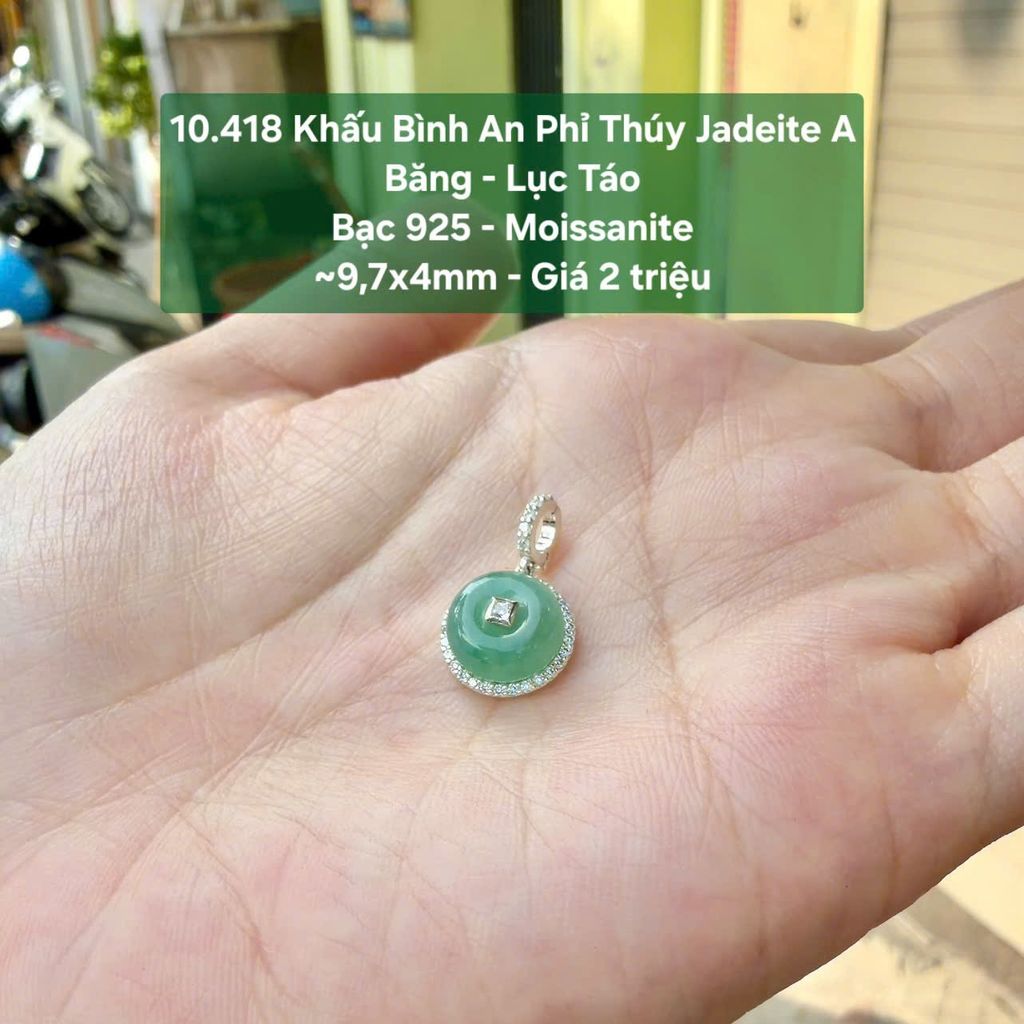 10.418 Khấu Bình An Phỉ Thuý Jadeite A - Băng - Lục Táo - Bạc 925 -  Moissanite ~ 9,7x4mm