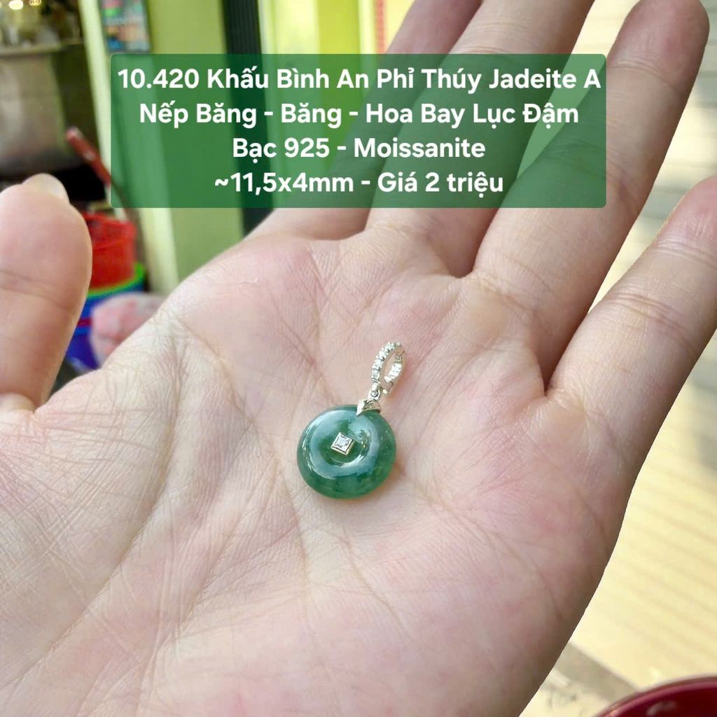 10.420 Khấu Bình An Phỉ Thuý Jadeite A - Nếp Băng - Băng - Hoa Bay Lục Đậm - Bạc 925 -  Moissanite ~ 11,5x4mm