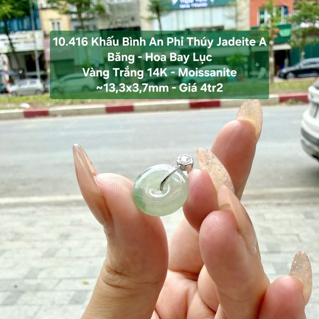 10.416 Khấu Bình An Phỉ Thuý Jadeite A - Băng - Hoa Bay Lục - VT14K~ Moissanite ~ 13,3x3,7mm