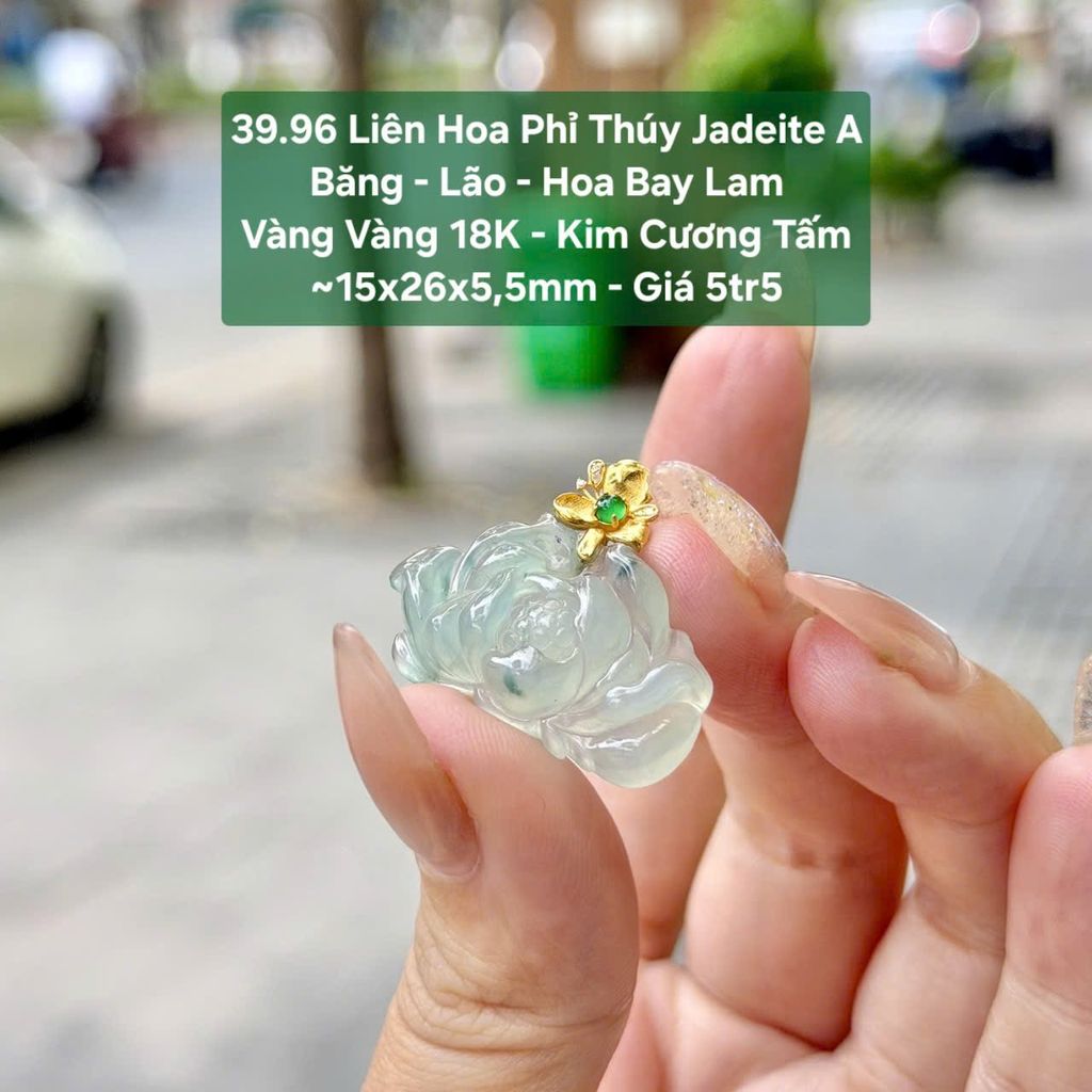 39.96 Liên Hoa Phỉ Thuý Jadeite A - Cao Băng - Lão - Hoa Bay Lam - VV18K - KC Tấm ~ 15x26x5,5mm